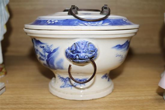 A Chinese blue and white vessel, burner and stand